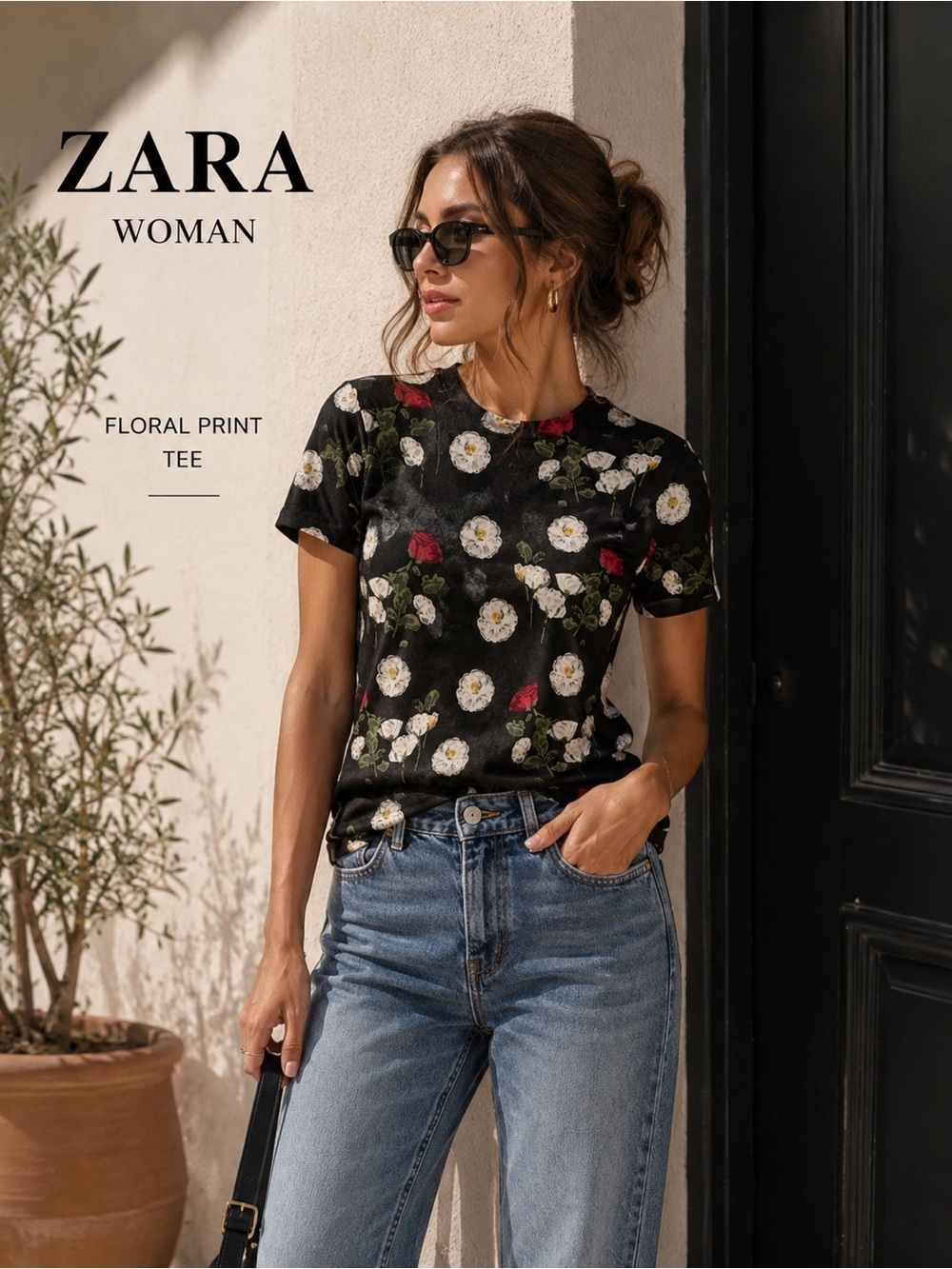 Zara Trafaluc Top Black Floral Print